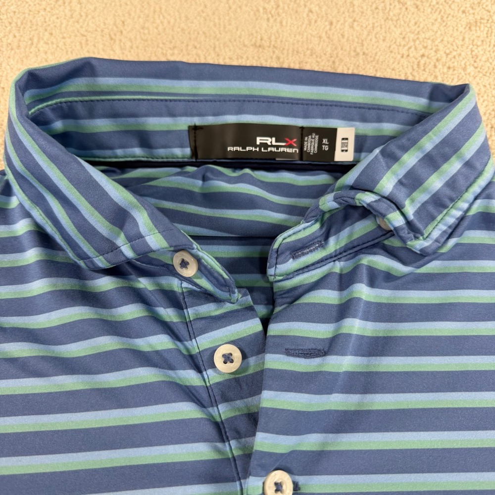 RLX Ralph Lauren Mens‎ XL Blue Green Striped Performance Golf Polo Shirt Stretch